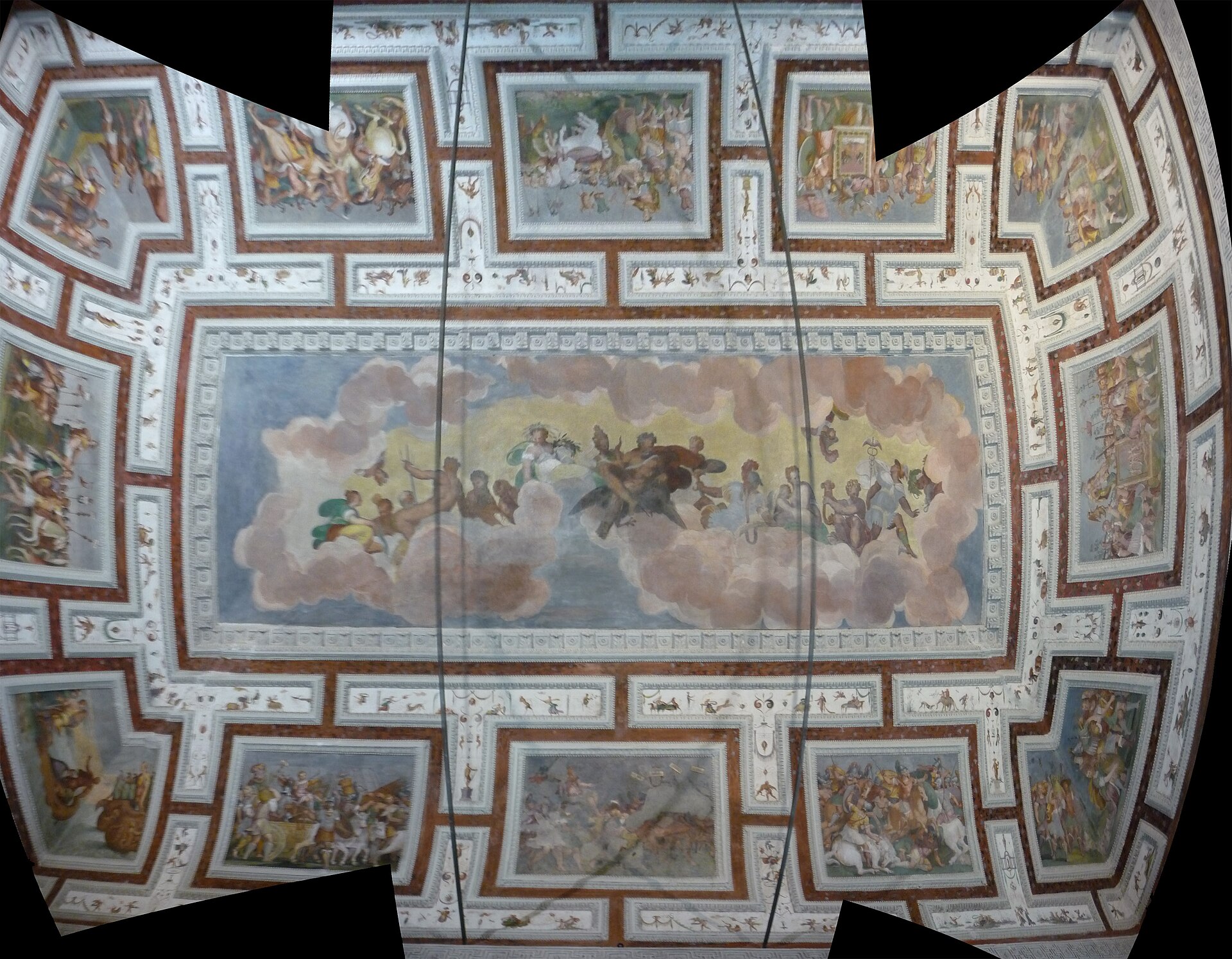 Frescoed ceiling of a Venetian villa, with figured panels and stucco cornices
