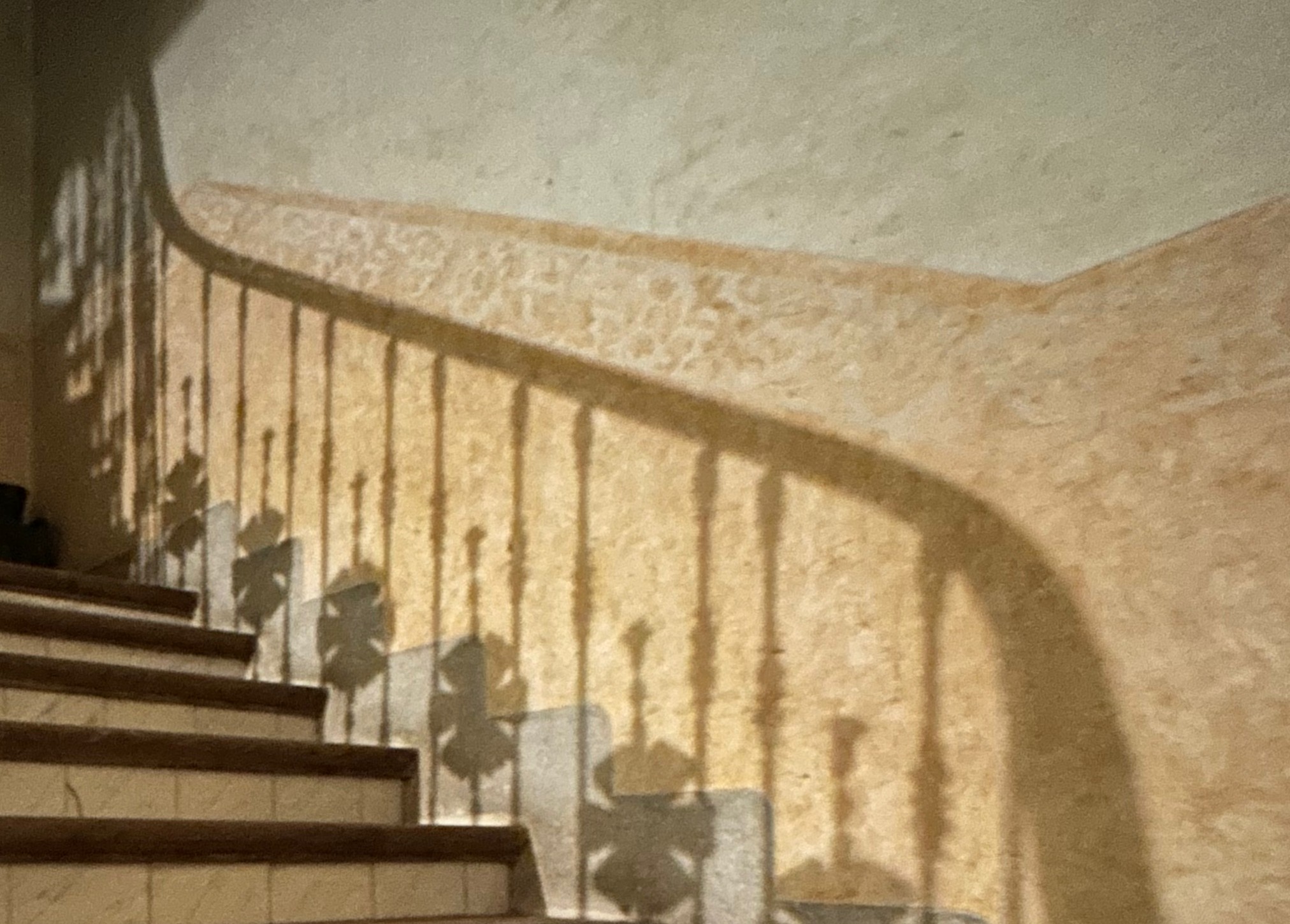 A wall finished in Venetian stucco (marmorino): a continuous, mottled surface in warm tones, imitating marble
